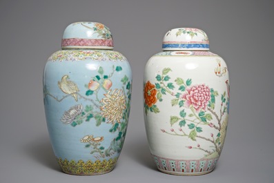 Two large Chinese famille rose olive-shaped ginger jars of floral design, 19th C.