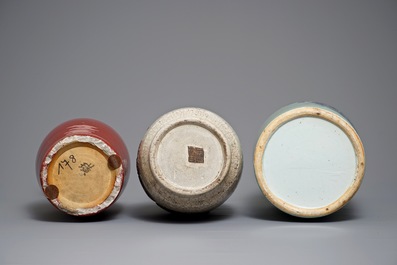 Three Chinese oxblood-glazed, crackled and celadon-ground vases, 19th C.