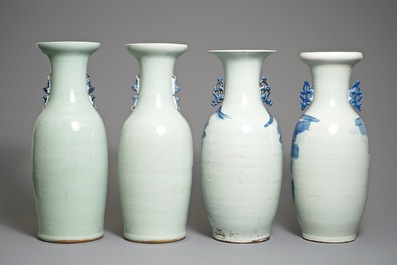 Four Chinese blue and white celadon-ground vases with Buddhist lions and landscapes, 19/20th C.