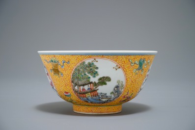 A Chinese famille rose bowl with figural medallions, Qianlong mark, 20th C.