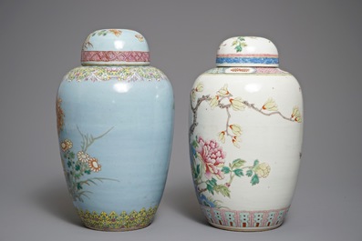 Two large Chinese famille rose olive-shaped ginger jars of floral design, 19th C.