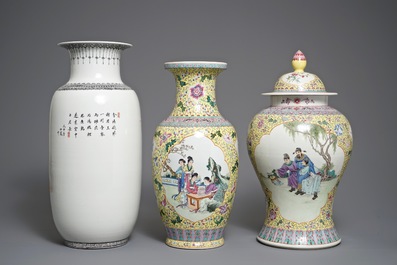 Three Chinese famille rose vases, Republic, 20th C.