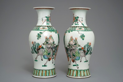 A pair of Chinese famille verte warrior vases, 19/20th C.