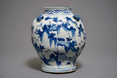 A large Chinese blue and white baluster vase with mountainous landscapes, Ming