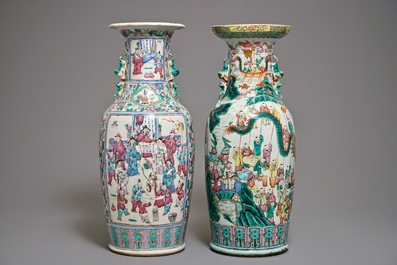 Two large Chinese famille rose vases with figurative design, 19th C.