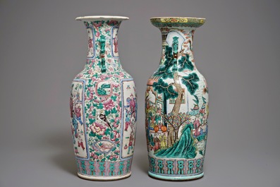 Two large Chinese famille rose vases with figurative design, 19th C.