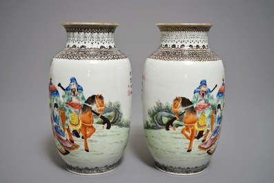 A pair of fine Chinese famille rose eggshell vases, Republic, 20th C.
