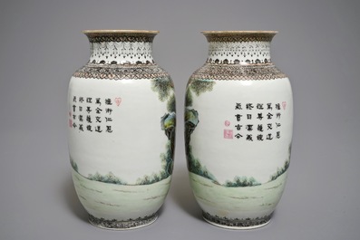 A pair of fine Chinese famille rose eggshell vases, Republic, 20th C.