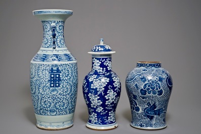 Three Chinese blue and white vases, 19th C.