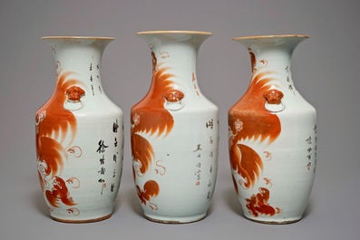 Five Chinese iron red and famille rose vases, 19/20th C.