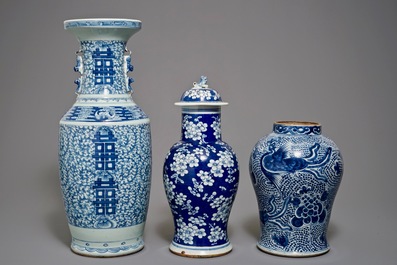 Three Chinese blue and white vases, 19th C.