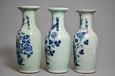 Three Chinese blue and white celadon-ground phoenix vases, 19th C.