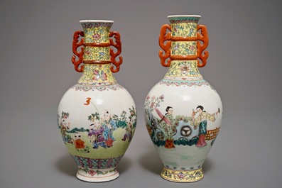 Two Chinese famille rose bottle vases, Qianlong mark, 20th C.