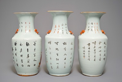 Five Chinese iron red and famille rose vases, 19/20th C.