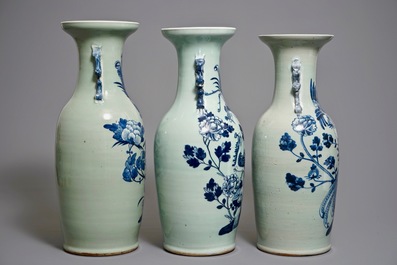 Three Chinese blue and white celadon-ground phoenix vases, 19th C.