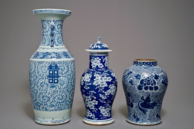 Three Chinese blue and white vases, 19th C.