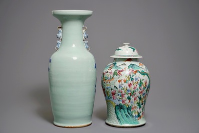 A Chinese famille rose vase and cover and a large blue and white celadon-ground vase, 19th C.