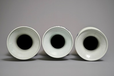 Three Chinese blue and white celadon-ground phoenix vases, 19th C.