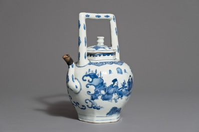 A Chinese blue and white wine jug and cover with silver-mounted spout, Transitional period