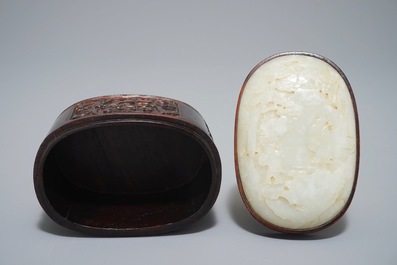 A Chinese jade top carved mahogany box, 19/20th C.