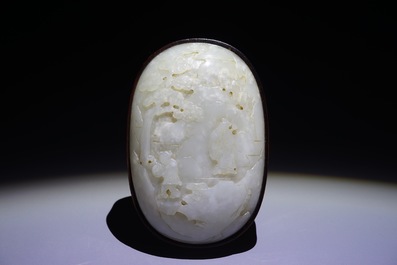 A Chinese jade top carved mahogany box, 19/20th C.