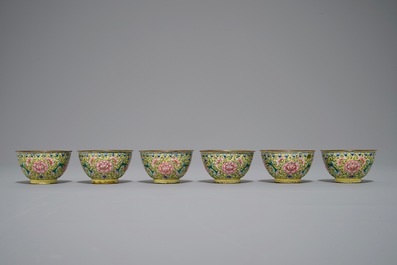 Six Chinese Canton enamel yellow-ground tea bowls, 18/19th C.
