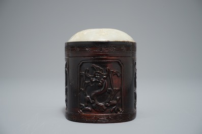 A Chinese jade top carved mahogany box, 19/20th C.