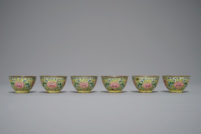 Six Chinese Canton enamel yellow-ground tea bowls, 18/19th C.