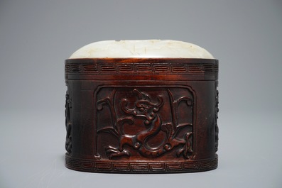 A Chinese jade top carved mahogany box, 19/20th C.