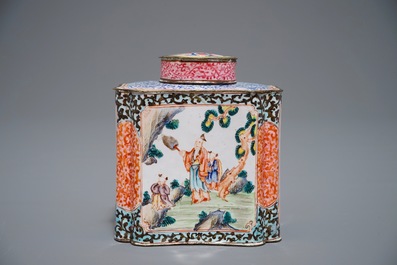 A Chinese Canton enamel tea caddy and cover, Qing