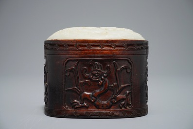 A Chinese jade top carved mahogany box, 19/20th C.