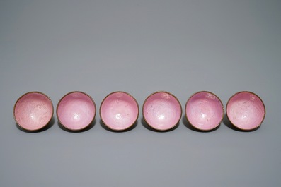 Six Chinese Canton enamel yellow-ground tea bowls, 18/19th C.