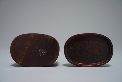 A Chinese jade top carved mahogany box, 19/20th C.