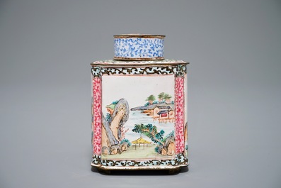 Une bo&icirc;te &agrave; th&eacute; et son couvercle en &eacute;maux de Canton, Qing
