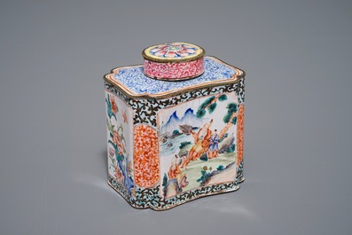 A Chinese Canton enamel tea caddy and cover, Qing