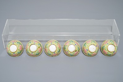 Six Chinese Canton enamel yellow-ground tea bowls, 18/19th C.