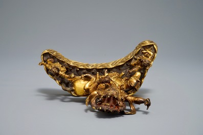 A Sino-Tibetan gilt bronze group of Palden Lhamo, 19/20th C.