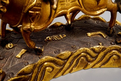 A Sino-Tibetan gilt bronze group of Palden Lhamo, 19/20th C.