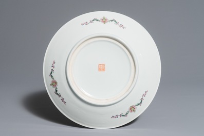 Three Chinese famille rose dishes with ladies in a garden, Qianlong marks, Republic, 20th C.