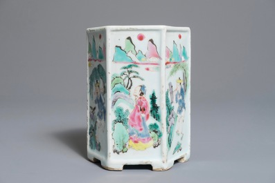 A Chinese hexagonal famille rose brush pot, Yongzheng
