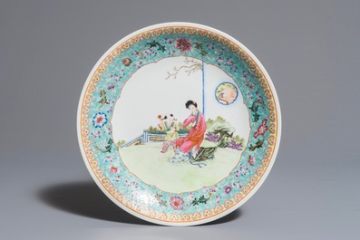 Three Chinese famille rose dishes with ladies in a garden, Qianlong marks, Republic, 20th C.