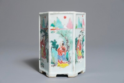 A Chinese hexagonal famille rose brush pot, Yongzheng