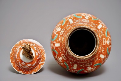 A large coral-ground vase and cover with floral design, Samson, Paris, 19th C.