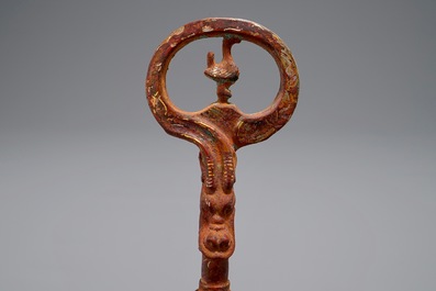 A Chinese gilt and silvered bronze winding key for a qin, Han or later