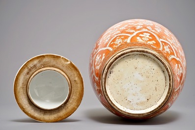 A large coral-ground vase and cover with floral design, Samson, Paris, 19th C.