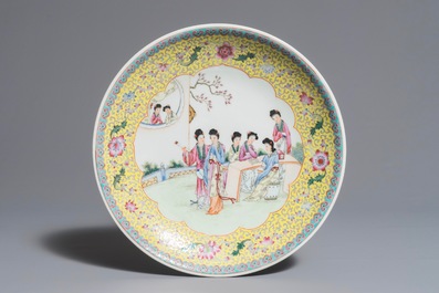 Three Chinese famille rose dishes with ladies in a garden, Qianlong marks, Republic, 20th C.