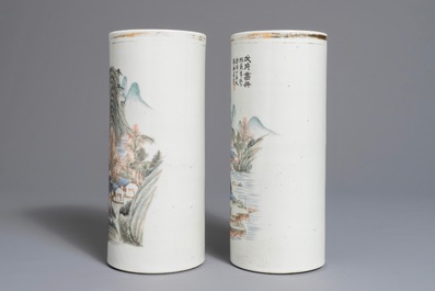 A pair of Chinese qianjiang cai landscape hat stands, 19/20th C.