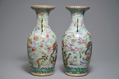 A pair of Chinese famille rose celadon-ground dragon vases, 19th C.