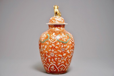 A large coral-ground vase and cover with floral design, Samson, Paris, 19th C.