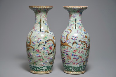 A pair of Chinese famille rose celadon-ground dragon vases, 19th C.